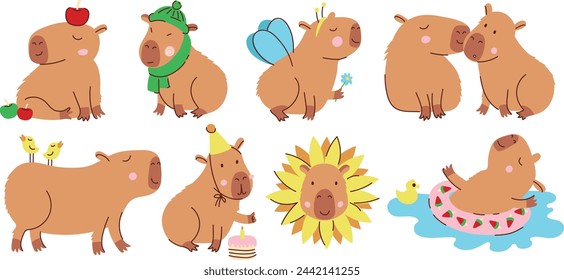 Set of cute capybaras. Adorable capybara character walking outdoors, swimming in pool and eating cake. Stickers with funny animal. Cartoon flat vector illustration isolated on white background