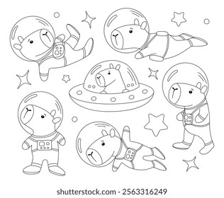 Set of cute capybaras astronaut in spacesuit good for coloring page. Hand drawn illustration of a cartoon character of an astronaut.