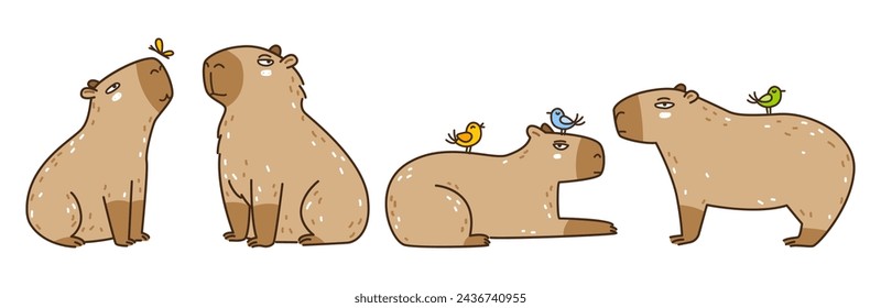 Set of cute сartoon capybaras with birds isolated on white - funny animals for Your design