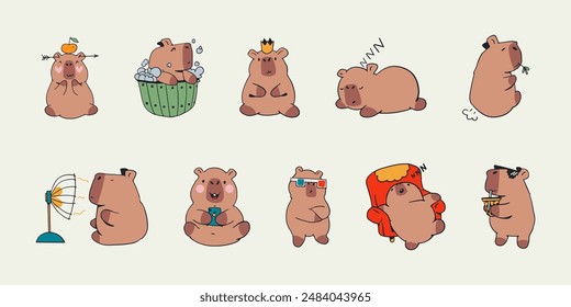 Set of cute capybaras. Characters in cartoon flat style. Trendy vector illustration.