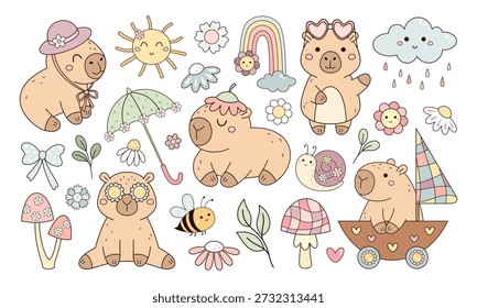 Conjunto de clipart capivaras fofas, ilustração floral de primavera, elementos sazonais de verão. Capivara Kawaii em estilo de desenho animado, roedor engraçado, coleção de crianças desenhadas à mão.