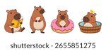 Set of cute capybaras in different poses and activities: reading, standing, sitting in a donut, relaxing in a tub with a bird. Fun animal collection, isolated on white, perfect for kids or design.