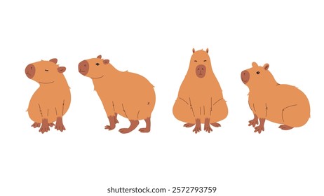 Set of cute capybaras. Flat drawing of animals in different poses on white isolated background. Appropriate for design of greeting cards, invitations, posters. Vector 