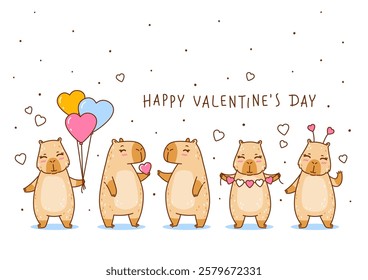 Set of cute сartoon capybaras with heart decorations - funny animal border for Your Valentines day design