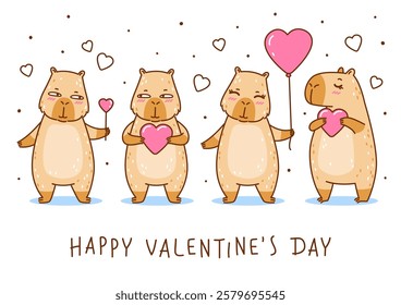 Set of cute сartoon capybaras with heart decorations - funny animal border for Your Valentines day design