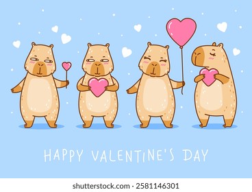 Set of cute сartoon capybaras with heart decorations - funny animal border for Your Valentines day design