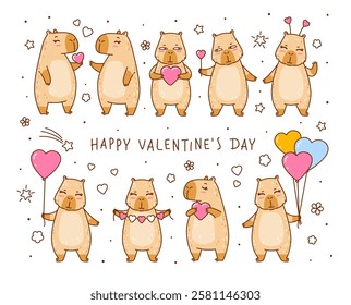 Set of cute сartoon capybaras with heart decorations - funny animals for Your Valentines day design