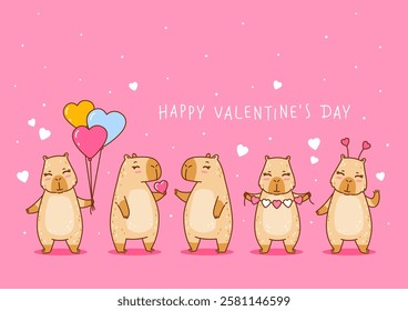 Set of cute сartoon capybaras with heart decorations - funny animal border for Your Valentines day design