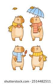 Set of cute сartoon capybaras isolated on white background - funny animals for Your cozy autumn design