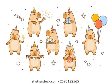 Set of cute сartoon capybaras  isolated on white background - funny animals for Your Birthday greeting card design