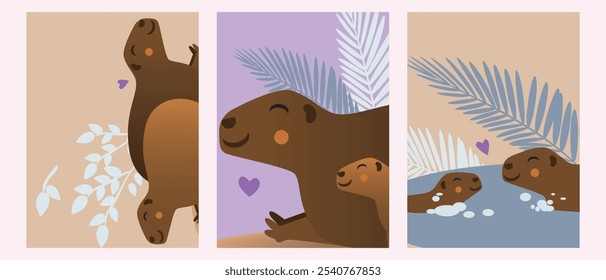 Conjunto con lindos capibaras con hojas, ilustración de Vector plano con capibaras como tríptico