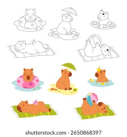Set with cute capybaras on the beach. Clip art for your projects.
