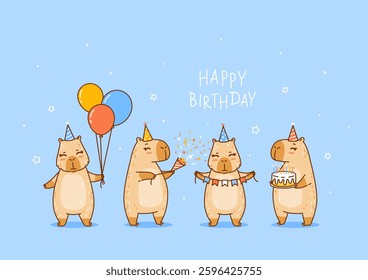 Set of cute сartoon capybaras  on blue background - funny animals for Your Birthday greeting card design