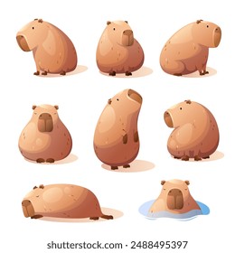 A set of cute capybaras on a white background. Cartoon-style animals.
