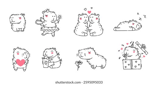 Set of cute capybaras in outline doodle style. Isolated on white background. Happy birthday, valentines day. Vector illustration.
