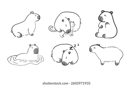 Set of cute capybaras in outline doodle style. Isolated on white background. resting relaxing animals. Vector illustration.