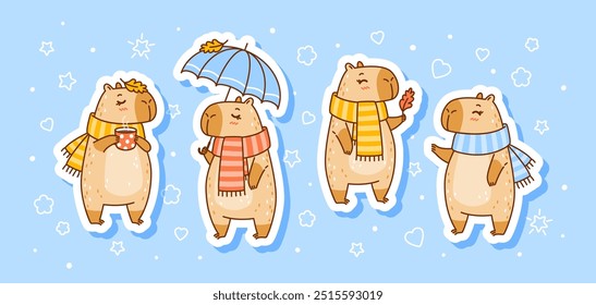 Set of cute сartoon capybaras stickers - funny animals for Your cozy autumn design