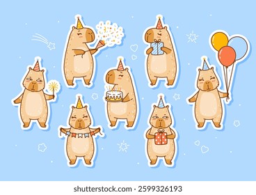 Set of cute сartoon capybaras stickers on blue background - funny animals for Your Birthday greeting card design