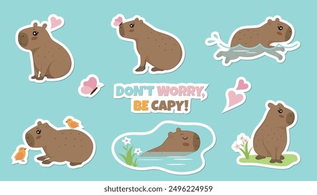 Set of Cute capybaras for stickers. Vector illustrations of capybaras, bird, butterfly, heart and phrase.