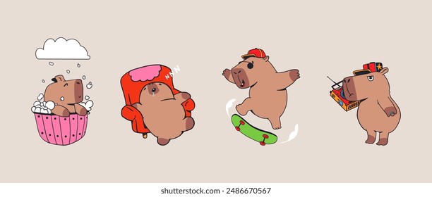 Set of cute capybaras. Takes a bath, skateboards, sleeps on a chair and listens to music from a tape recorder. Character in cartoon flat style. Trendy vector illustration.