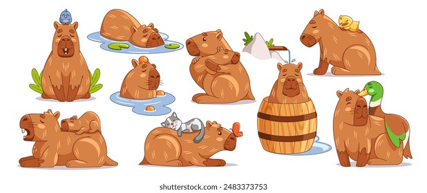 Set Of Cute Capybaras In Various Playful And Relaxing Activities Exude Joy And Relaxation. Adorable Cartoon Capybaras