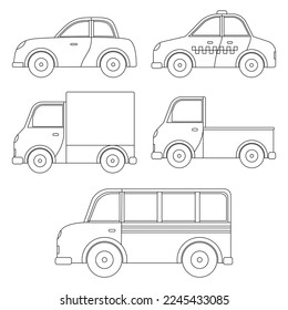 Juego de páginas de color de coches lindos para libros y dibujos. Ilustración de dibujo de líneas Aisladas en fondo blanco.			