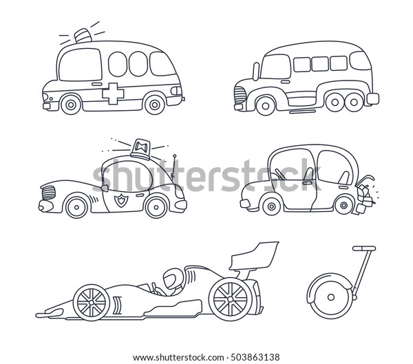 Set of cute car\
coloring page illustration for kids. cute car line. cute car\
doodle. car drawing. cute police car. cute formula1. cute car\
collection. vector\
illustration.