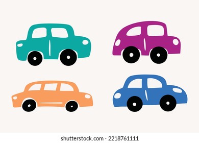 Set cute of car toys illustration. Colorful transportation drawing in childish style