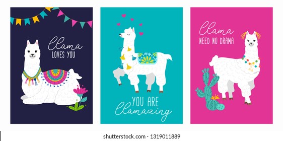 Set of cute card with alpacas. Inspirational llamas posters with colorful design and inspirational quotes. Llama loves you. No drama llama. You are llamazing. Vector llama illustration﻿