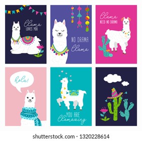 Set of cute card with alpacas. Inspirational llamas posters with colorful design and inspirational quotes. Llama loves you. No drama llama. Hola! You are llamazing. Vector llama illustration