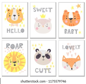 Set of cute card with funny animals face. Vector illustration 
