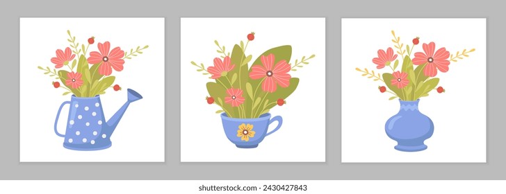 Set of cute card with hand drawn bouquets with blooming flowers. Beautiful flower compositions. Flat vector illustration for greeting card, invitation, stickers, postcard, poster, print. 