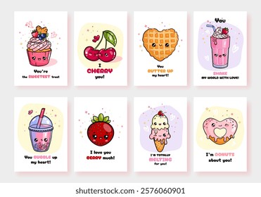 Set of cute card with hand drawn cupcake, cherries, heart shaped waffle and donut, milkshake, bubble tea, strawberry, ice cream characters in kawaii style and funny inscription