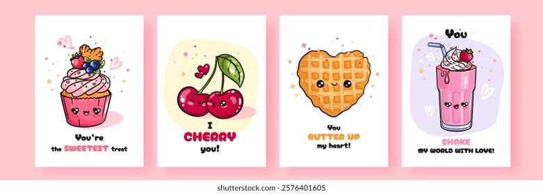 Set of cute card with hand drawn cupcake, cherries, heart shaped waffle, milkshake characters in kawaii style and funny inscription. Vector template for Valentine's Day celebration, print, poster