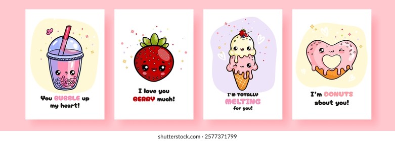 Set of cute card with hand drawn heart shaped donut, bubble tee, strawberry, ice cream characters in kawaii style and funny inscription. Vector template for Valentine's Day celebration, print, poster