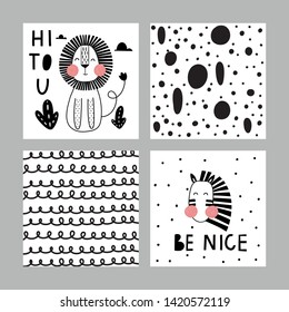 Set of cute card including lion, zebra and  abstract Scandinavian patterns. Vector illustrations for invitations, greeting cards, posters
