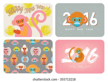 Set of cute card with monkeys (Symbol of Chinese new year).Cartoon-like stylization.