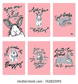 Set of Cute card with rabbit and hand drawn lettering quotes.  Vector illustration. Typography design elements for prints, cards, posters, products packaging, branding.