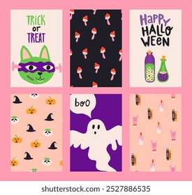 Conjunto de cartão bonito e padrões sem costura para Halloween. Ilustração de vetor desenhada à mão com elementos de desenho animado para adesivo, banner, decoração infantil.