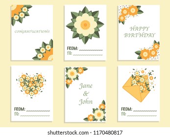 Set of cute card templates with flat floral design and text samples.