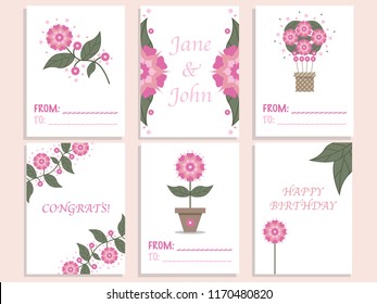 Set of cute card templates with flat floral design and text samples.