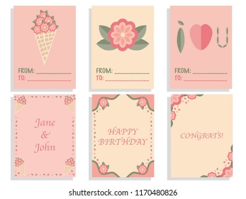 Set of cute card templates with flat floral design and text samples.