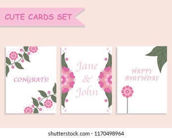 Set of cute card templates with flat floral design and text samples.
