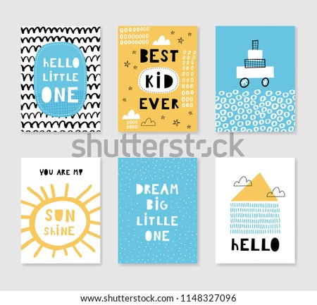 Set of cute card templates. Hand drawn graphic for typography poster, card, label, brochure, flyer, page, banner, baby wear, nursery. Vector illustration in blue and yellow. 