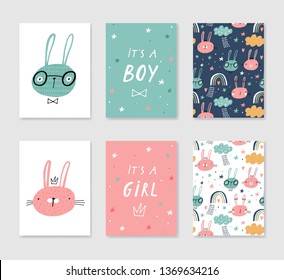Set of cute card templates with little bunny. Hand drawn graphic for typography poster, card, label, brochure, flyer, page, banner, baby wear, nursery. Vector illustration in blue and pink. 