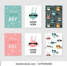 Set of cute card templates with little bunny. Hand drawn graphic for typography poster, card, label, brochure, flyer, page, banner, baby wear, nursery. Vector illustration in blue and pink. 