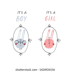 Set of cute card templates with little bunny. Hand drawn graphic for typography poster, card, label, brochure, flyer, page, banner, baby wear, nursery. Vector illustration in blue and pink. 