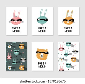 Set of cute card templates with super heroes. Hand drawn graphic for typography poster, card, label, brochure, flyer, page, banner, baby wear, nursery. Vector illustration in blue, yellow and pink.
