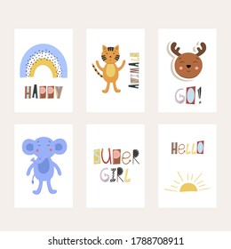 set of cute cards with animals for childrens design. Vector illustration