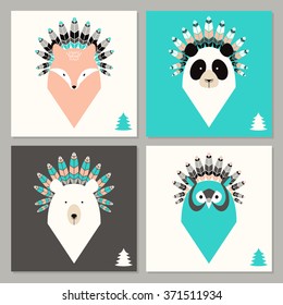 Set of cute cards with animals with feathers